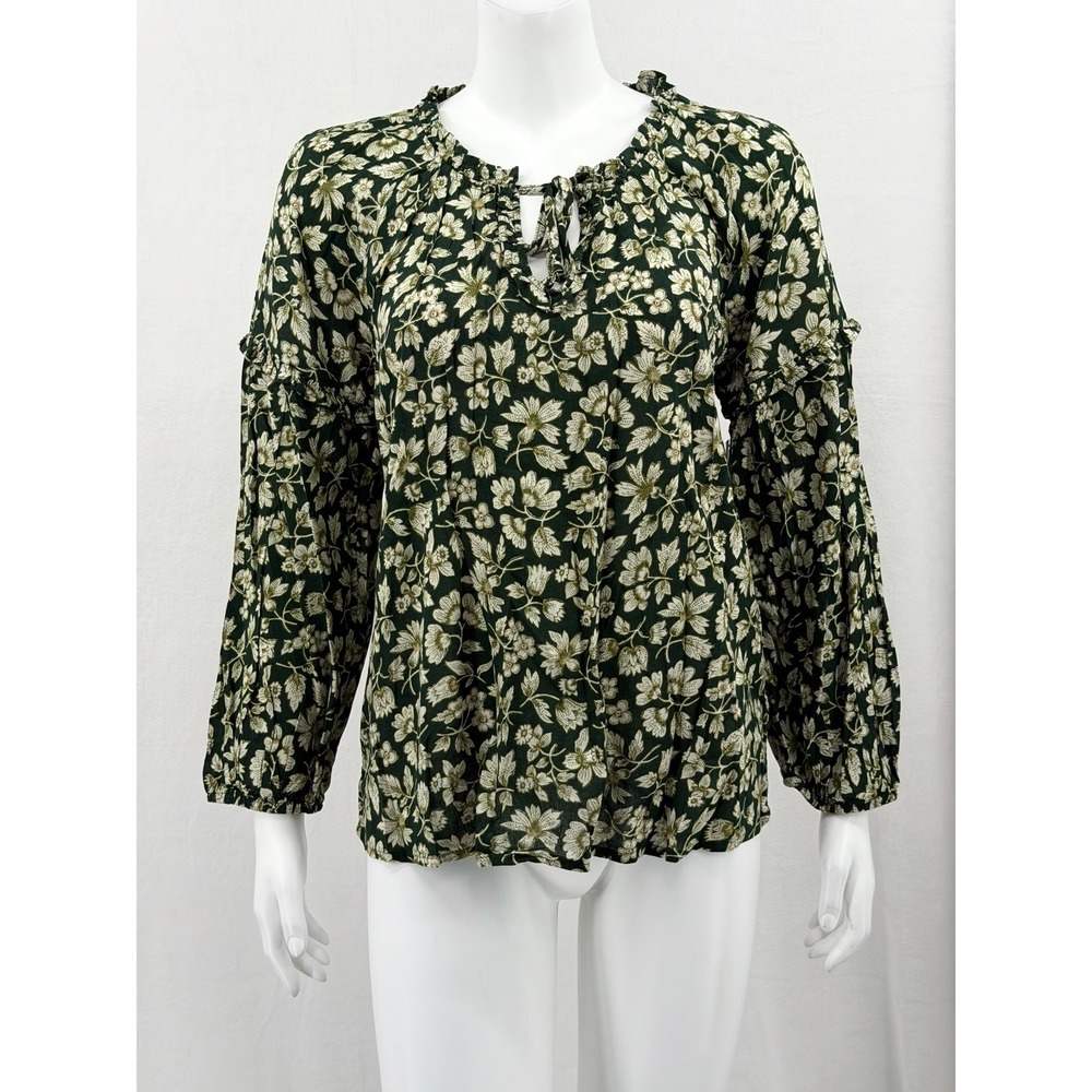Old Navy Top Womens Small Green Floral Ruffle Boho Prairie Peasant Cottage Flowy